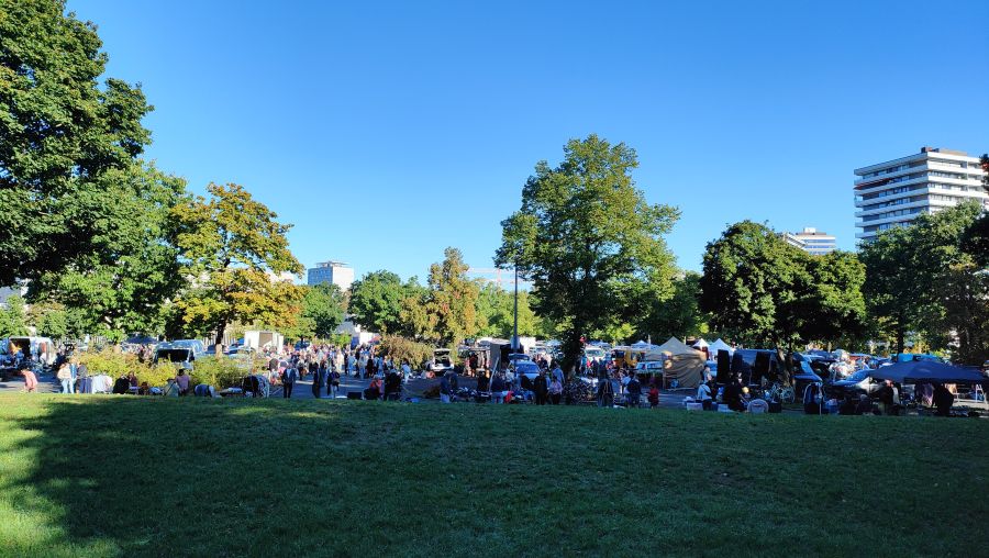 Weiter Blick über das Flohmarktgelände an der Meistersingerhalle Nürnberg: von einer Wiese aus sieht man unter hohen Bäumen aufgereihte Stände, Pavillons und Transporter mit vielen Besuchern, dahinter ein Wohnhochhaus vor wolkenlosem blauem Himmel.